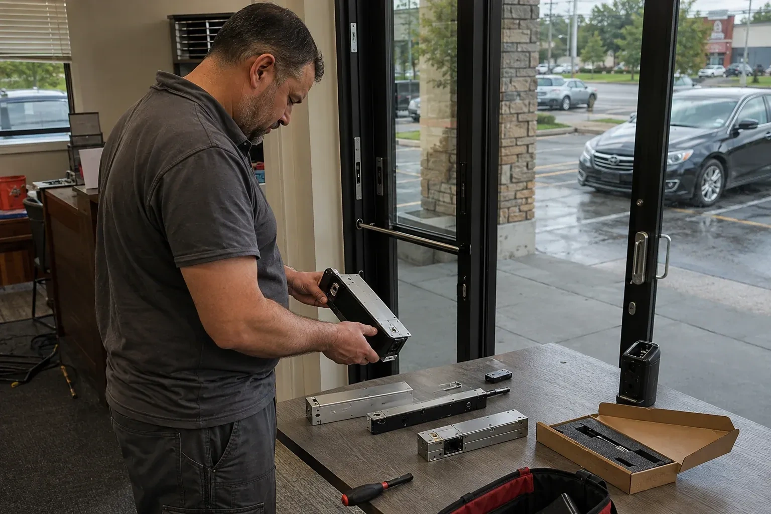 Person holding a rectangular door-hardware housing at a table with additional metal assemblies beside a glass entrance. — Access Control Installation, Port Colborne