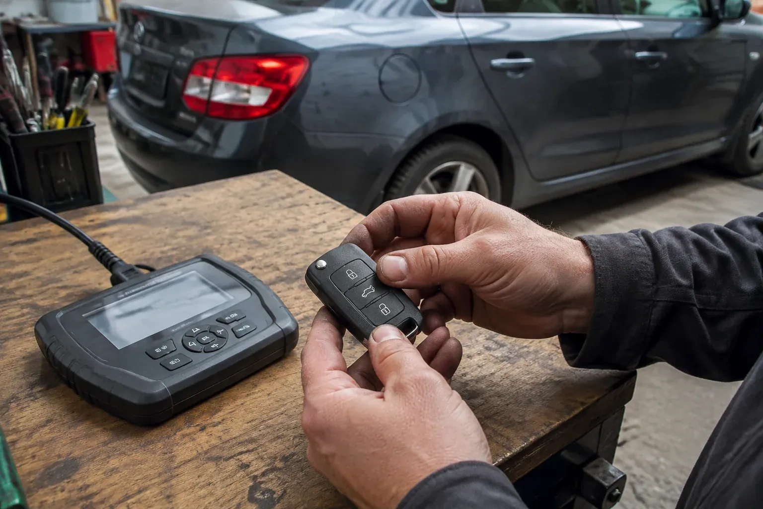 Hands holding a black car key fob above a workbench, beside a wired handheld device with a screen. — Car Key Replacement, Port Colborne