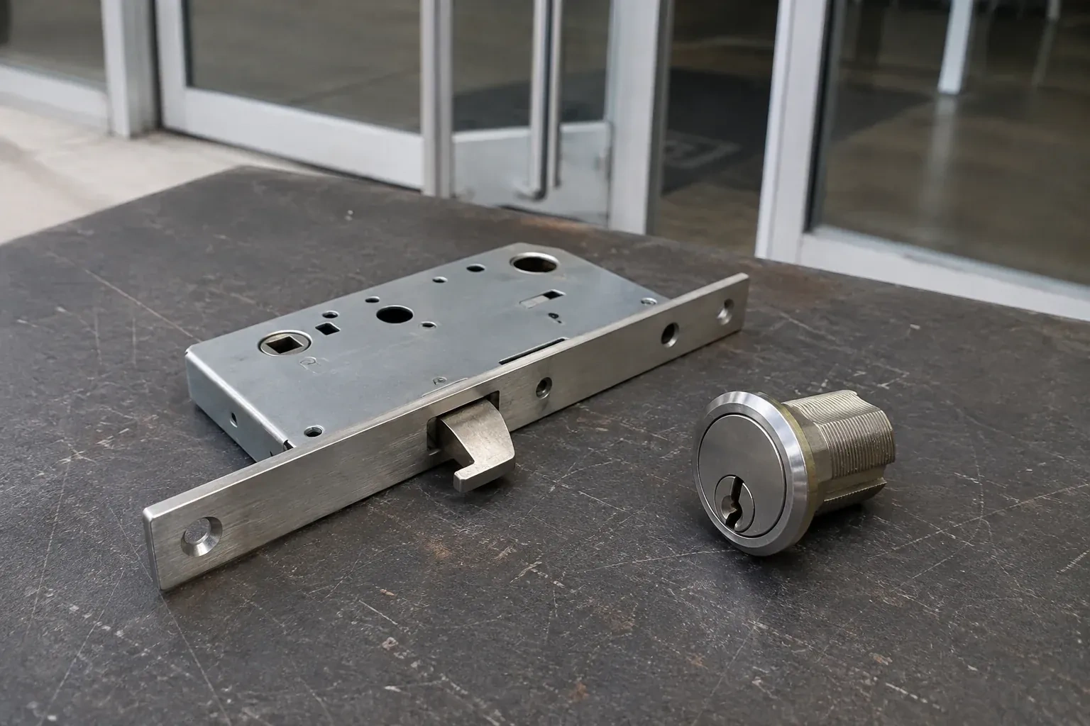 Detached mortise lock body with a projecting hook-shaped bolt beside a threaded cylinder. — Commercial-Grade Lock Replacement, Port Colborne