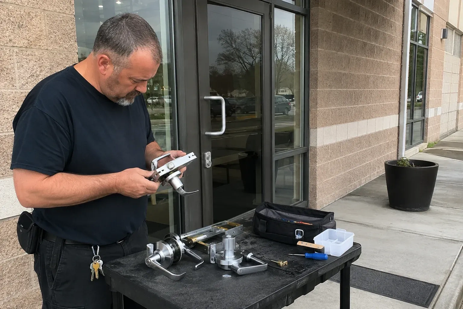 Person holding a door-handle and latch assembly at a worktable outside a glass entrance, with additional handles and tools laid out. — Commercial Rekeying, Port Colborne