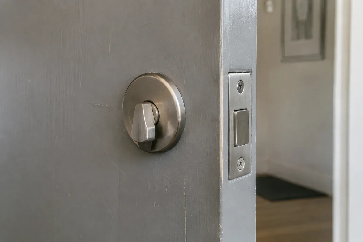 Close view of a satin-nickel deadbolt thumbturn and edge faceplate on a painted timber door. — Deadbolt Installation, Port Colborne