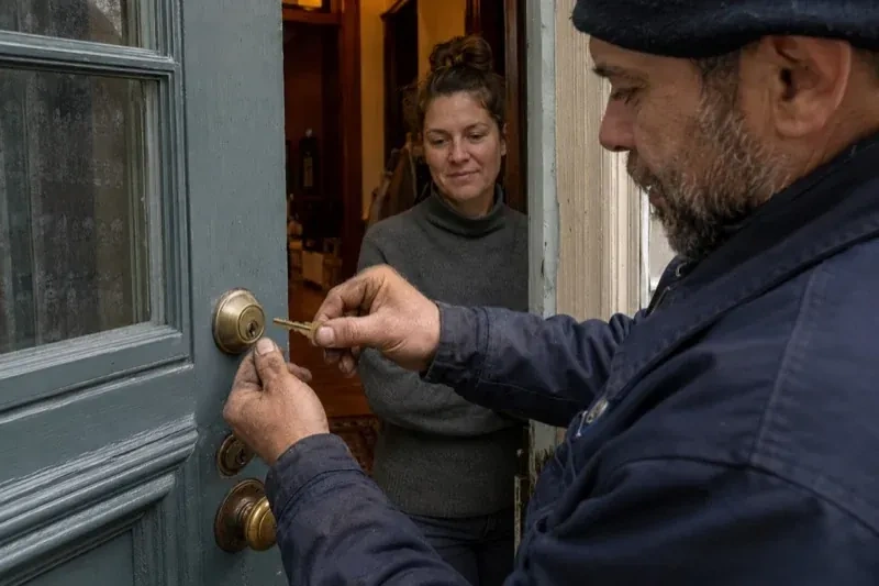 Person holding a key beside a brass-colored deadbolt on an open painted door while another person watches from inside. — Home Lockout Service, Port Colborne