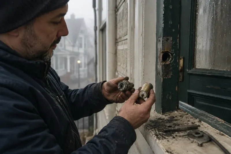 Person holding two lock cylinders beside an open painted door, with loose hardware and debris on the sill. — Seized & Jammed Lock Opening, Port Colborne