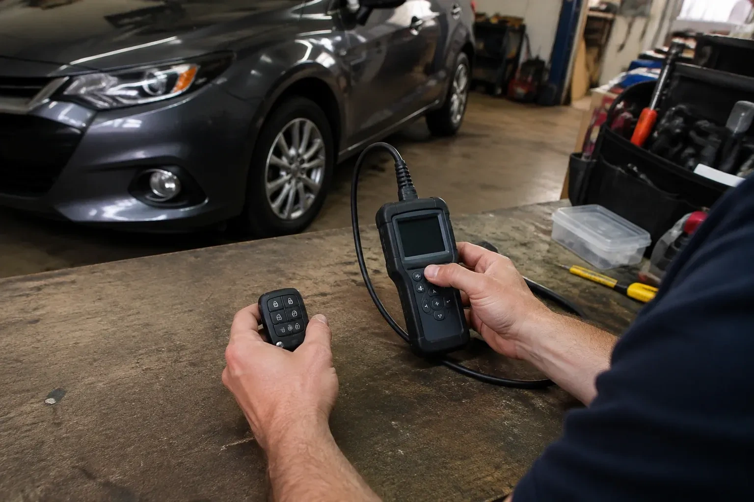 Hands holding a car-key fob and a small wired electronic device above a workbench in a garage with a parked car. — Key Fob Programming, Port Colborne