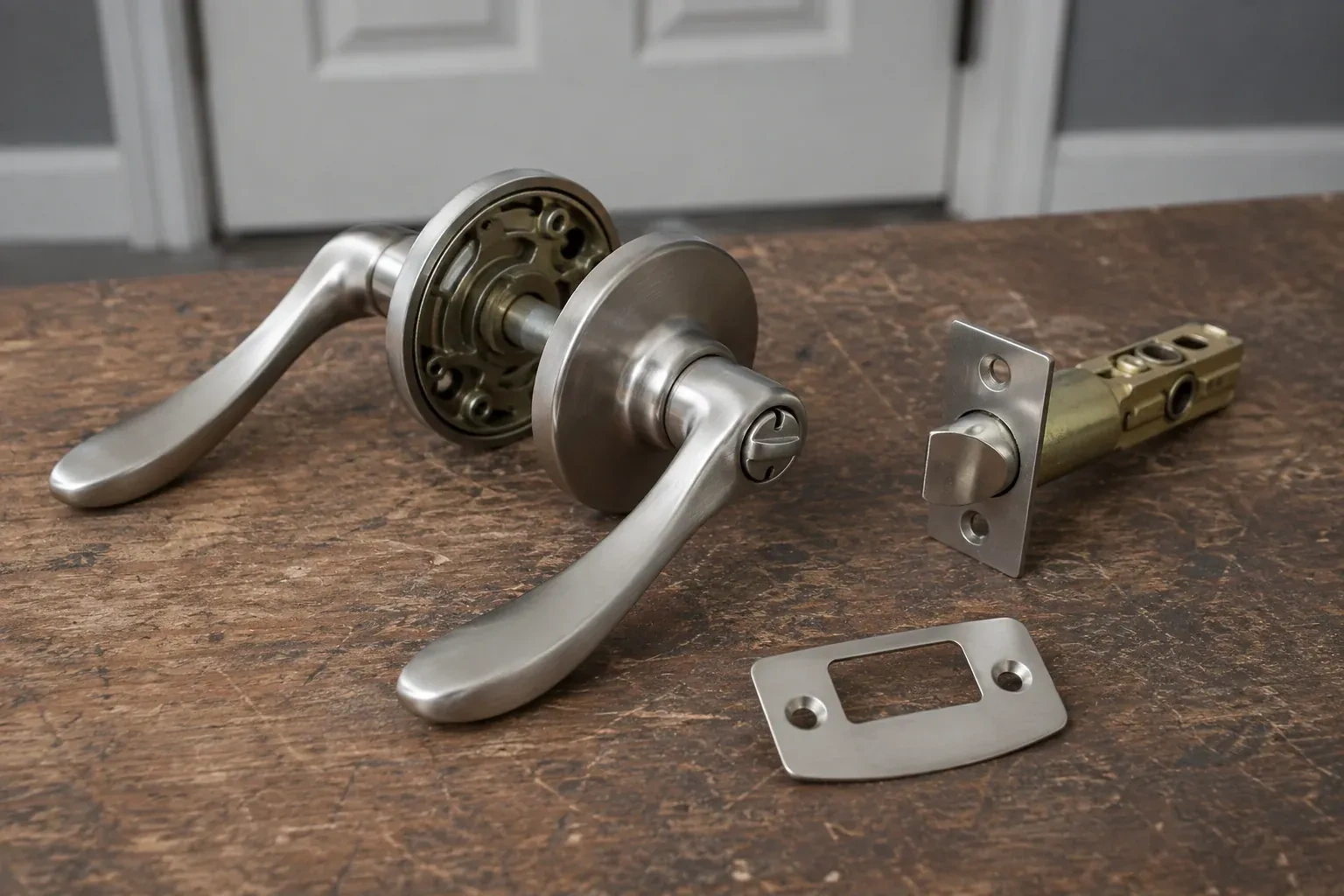 Detached satin-nickel lever hardware, tubular latch and strike plate on a wooden workbench. — Lock Replacement & Upgrade, Port Colborne