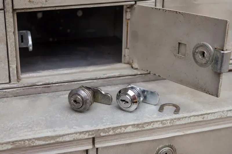 Two loose cam locks and a retaining clip resting below an open metal mailbox compartment. — Mailbox Lock Replacement, Port Colborne