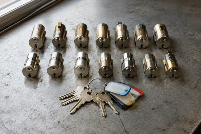 Two rows of lock cylinders on a metal surface with keys and colored key tags in front. — Master Key System Design, Port Colborne
