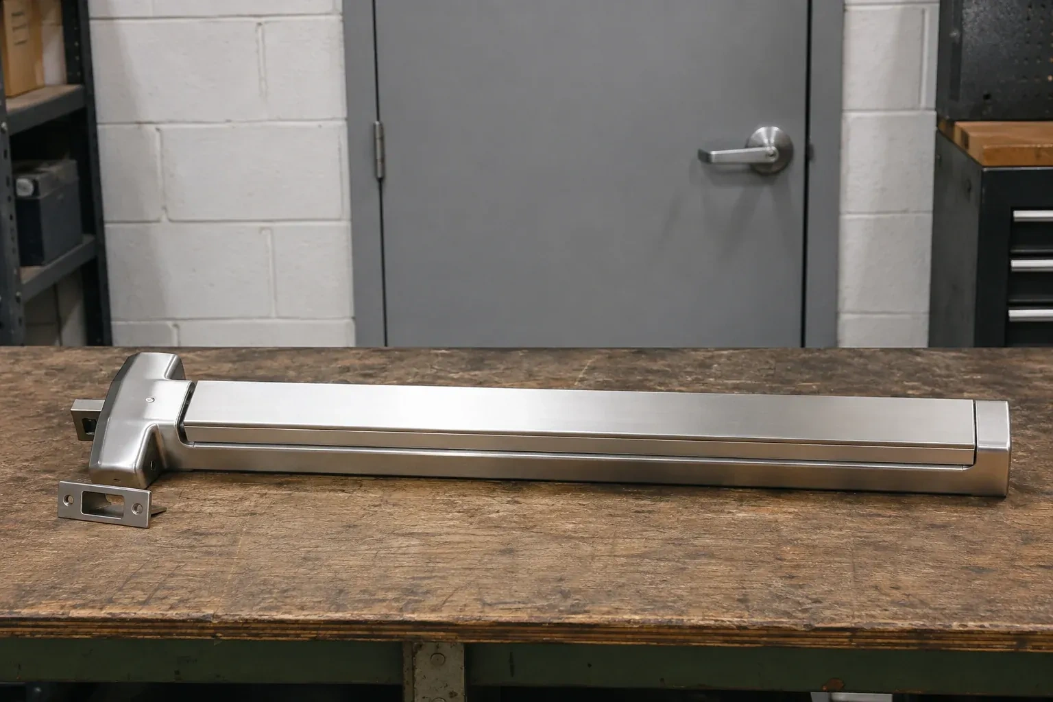 Detached horizontal exit device and separate strike component on a workshop bench. — Panic & Exit Hardware, Port Colborne