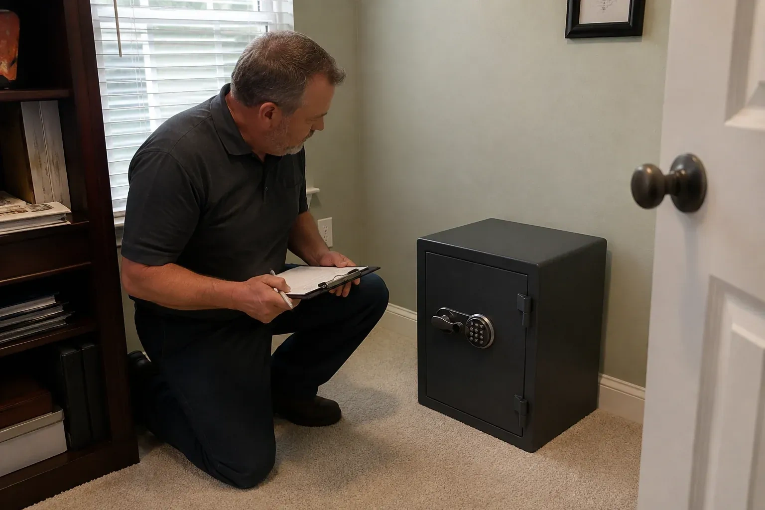 Person holding a clipboard beside a closed black safe with a circular keypad in a carpeted room. — Safe Installation & Servicing, Port Colborne