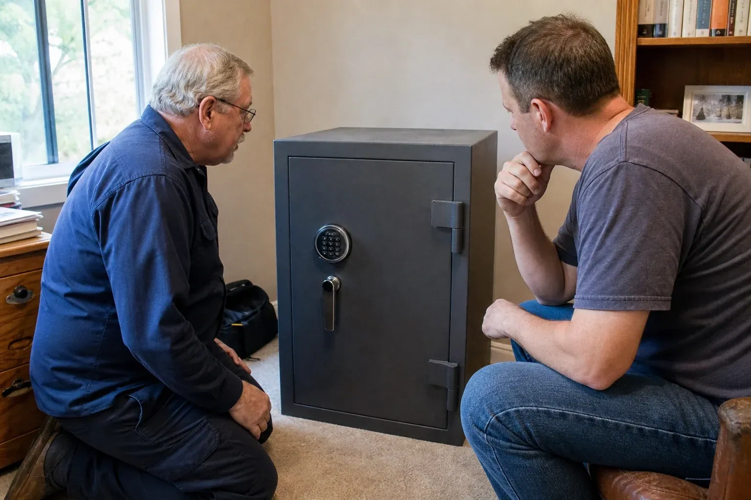 Two adults discussing a closed keypad safe in a home study. — Safe Opening & Combination Change, Port Colborne