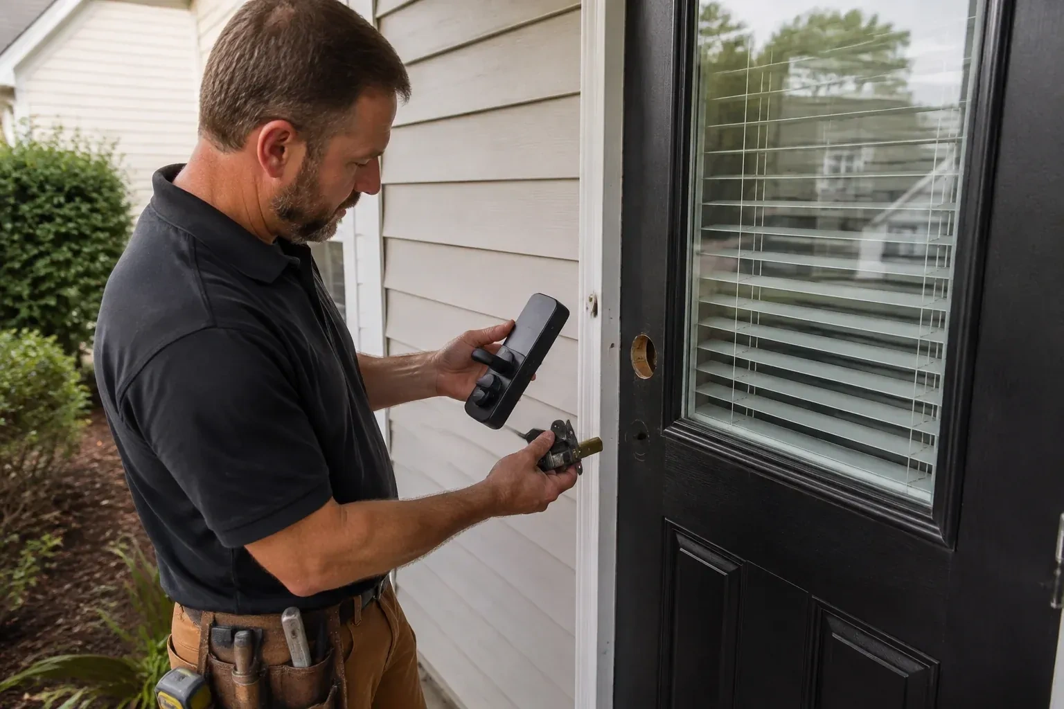 Person holding a black door-handle assembly and a latch beside a glazed door with exposed lock openings. — Smart Lock Installation, Port Colborne