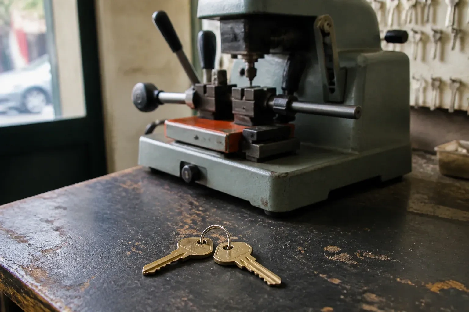 Two brass house keys on a ring resting on a workshop counter. — Spare Car Key Duplication, Port Colborne