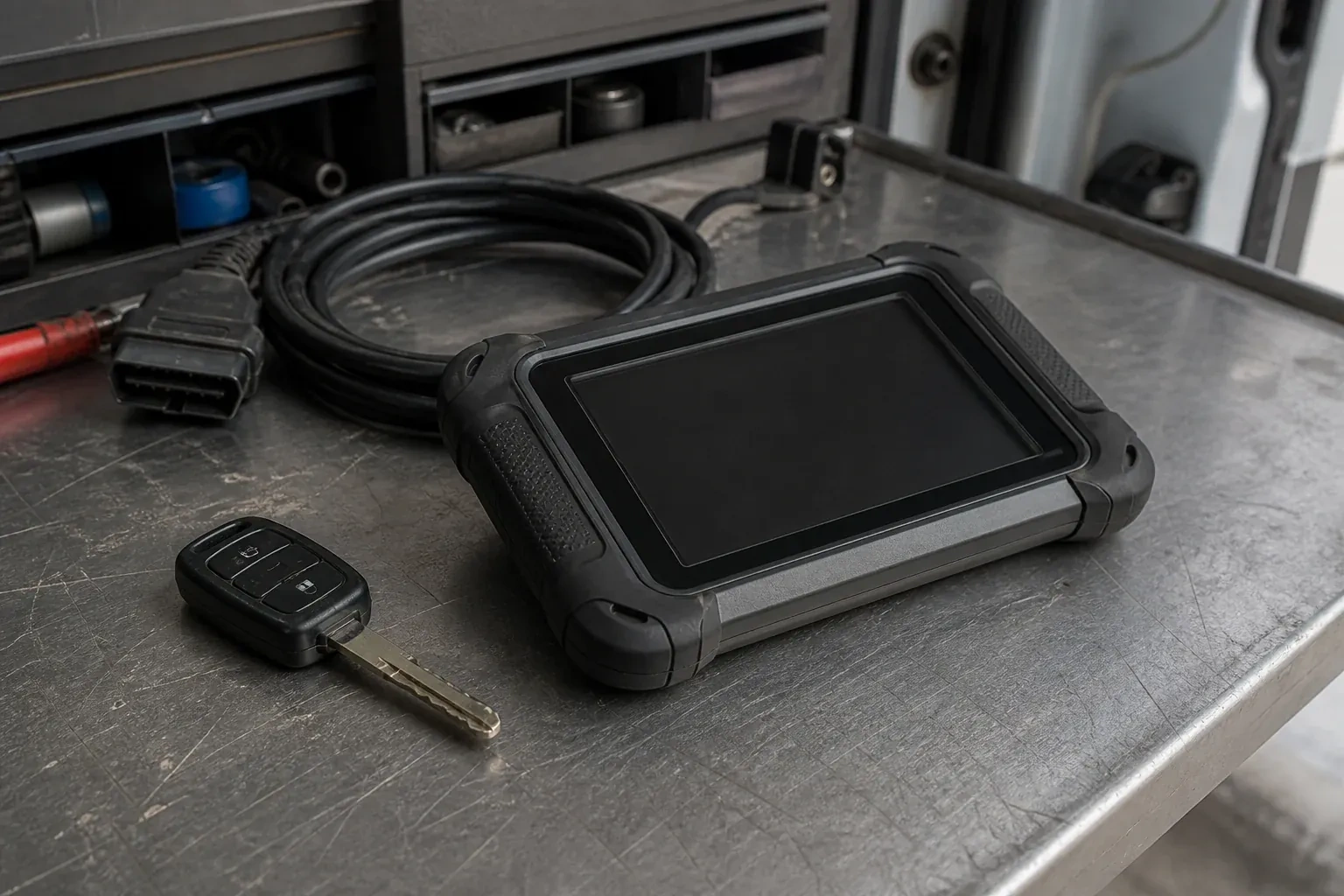 Vehicle key beside a dark diagnostic tablet and coiled connector cable on a workbench. — Transponder Key Programming, Port Colborne