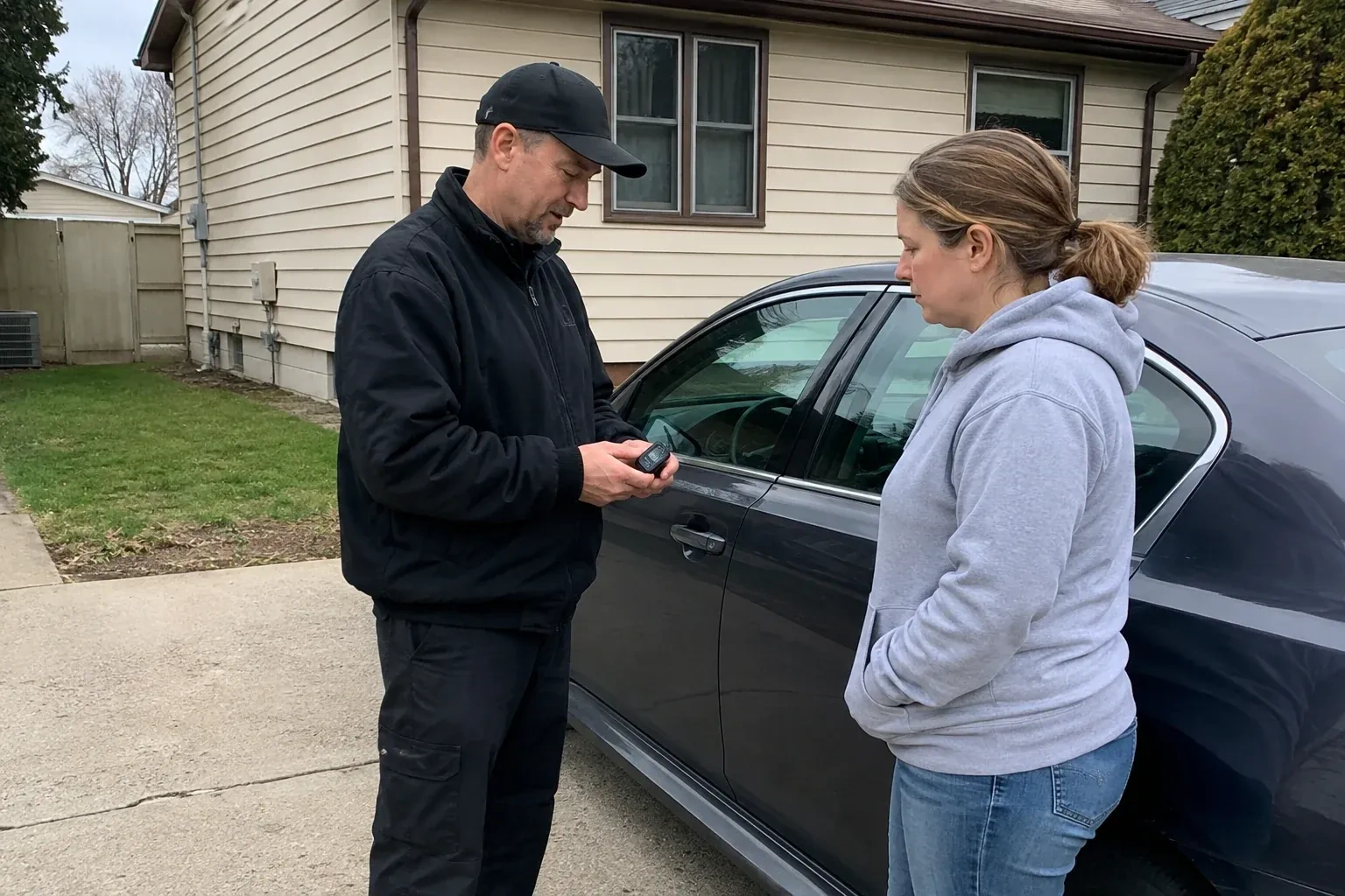Two people standing beside a parked sedan, one wearing a cap and holding a small black device. — Vehicle Lock Repair, Port Colborne